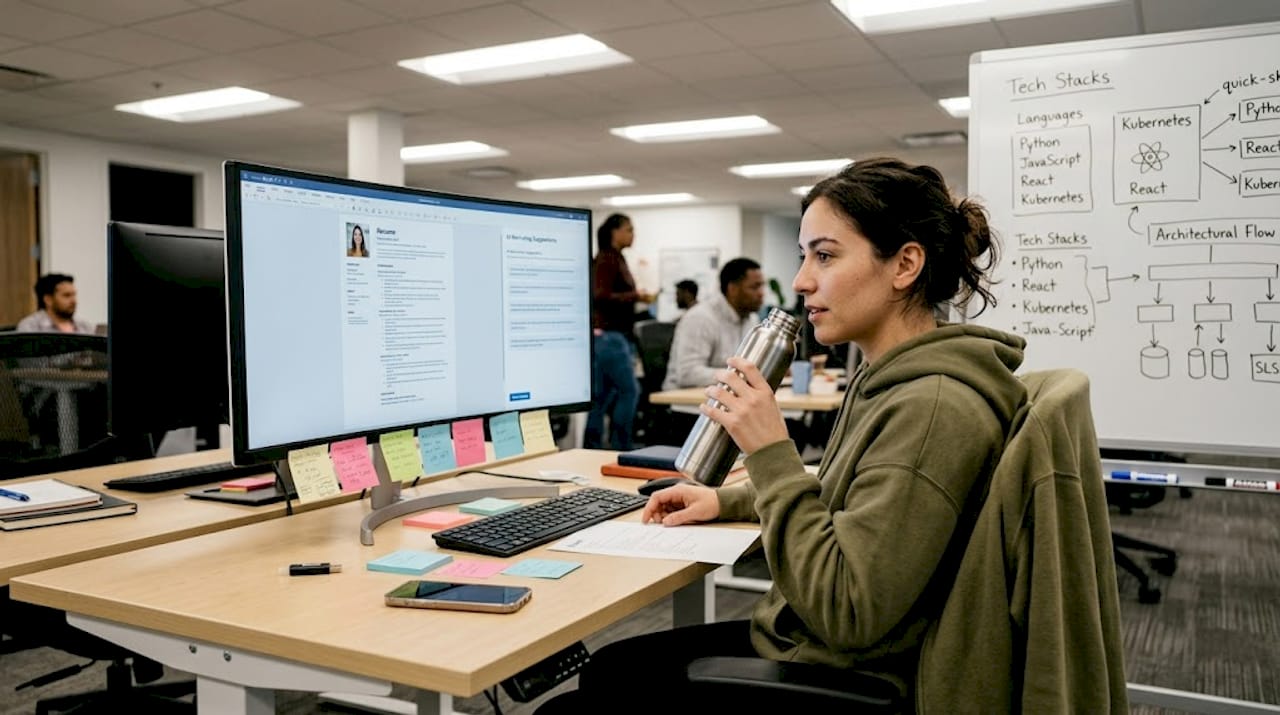 Woman using AI job portal in tech office
