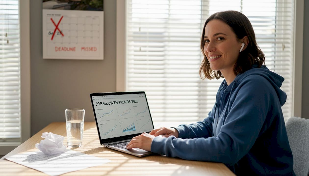 Analyst reviewing job trends at kitchen counter