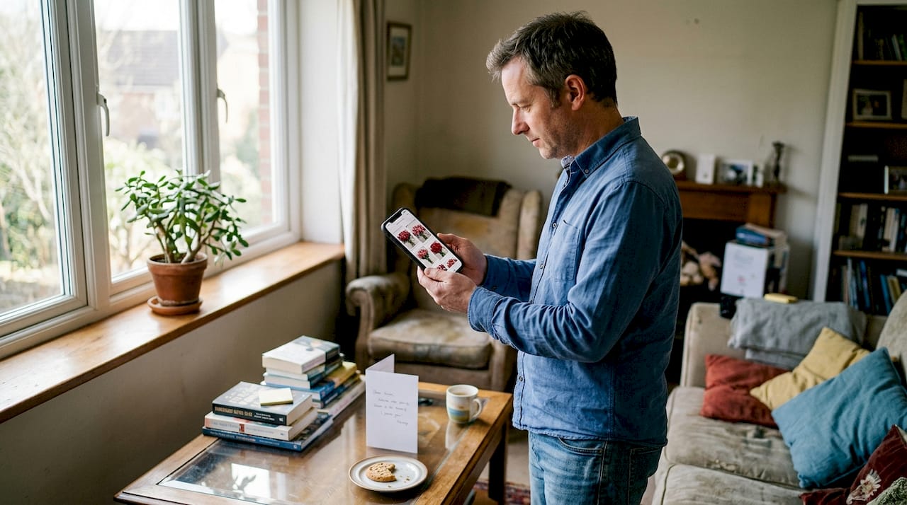 Man selecting rose bouquet on phone