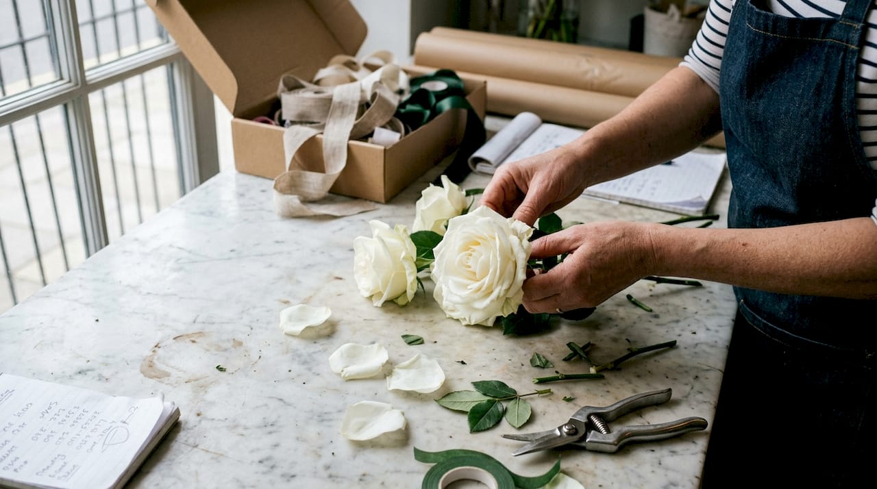 Florist hands inspecting white Avalanche roses