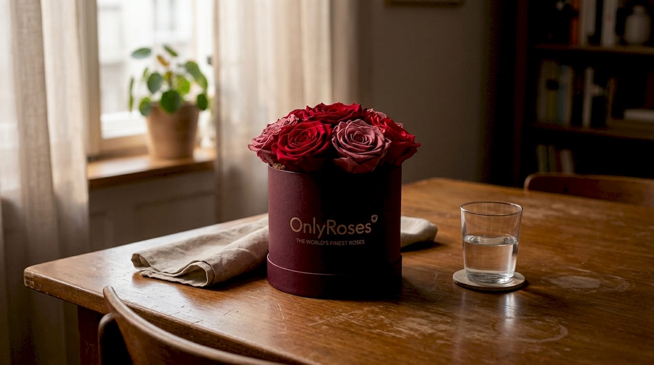 Preserved roses in elegant hat box on table