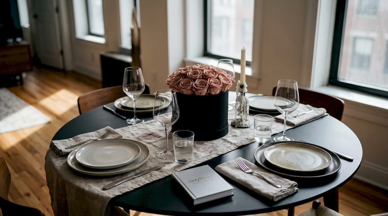 Rose centerpiece on dining table in apartment