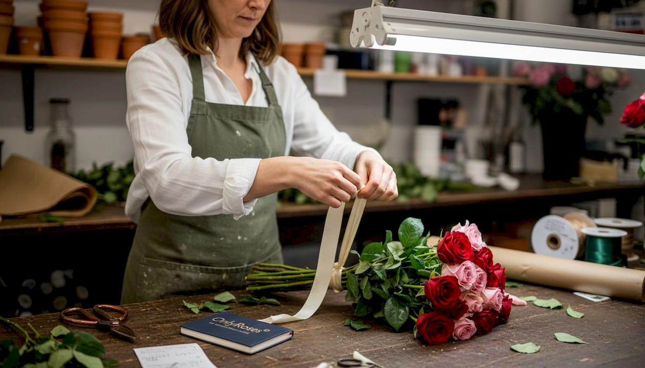 Florist ties ribbon on luxury rose bouquet