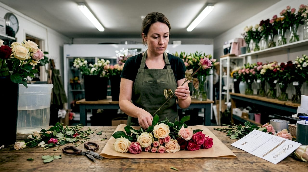 Florist sorting premium rose varieties