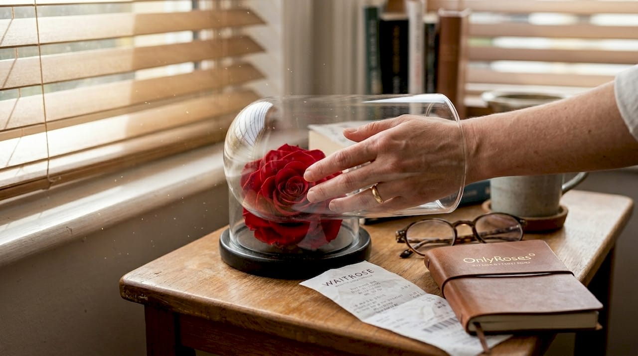 Hand touching preserved rose under glass dome