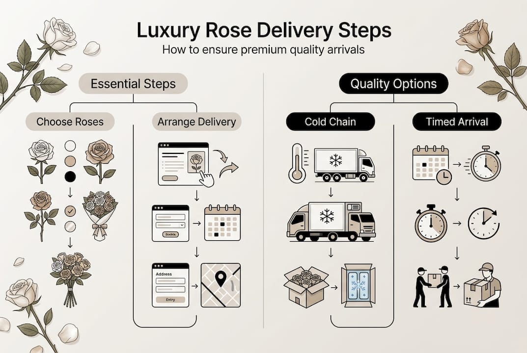 Infographic shows rose delivery steps and options
