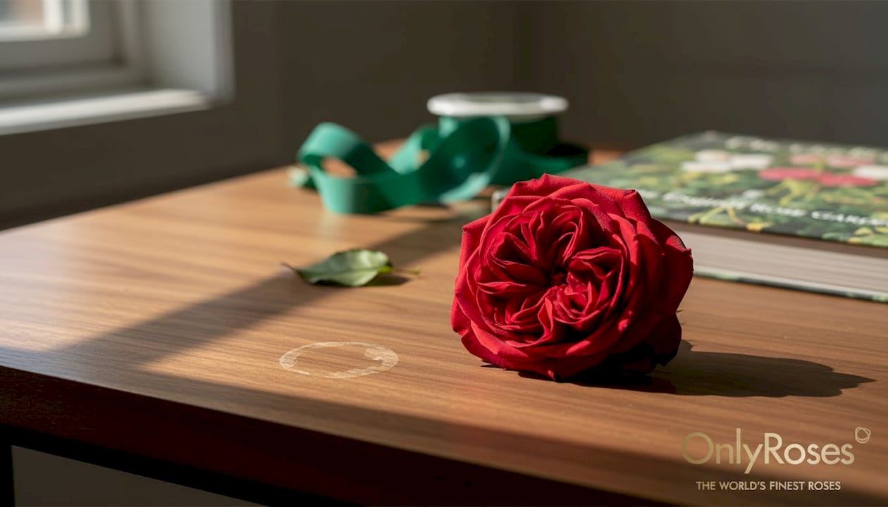 Double-petaled rose closeup on table