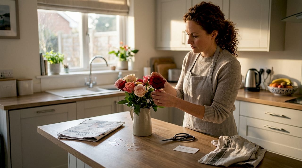 Florist inspecting luxury rose quality in kitchen