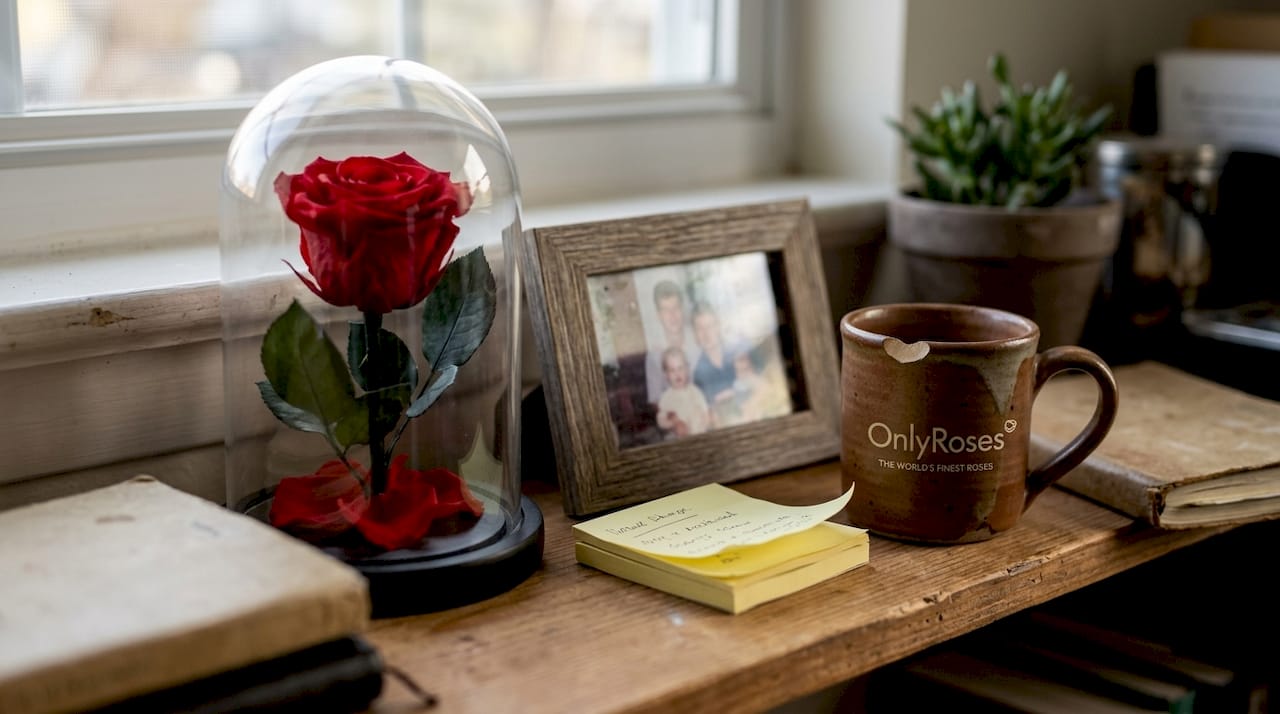 Eternal rose under glass dome on office shelf