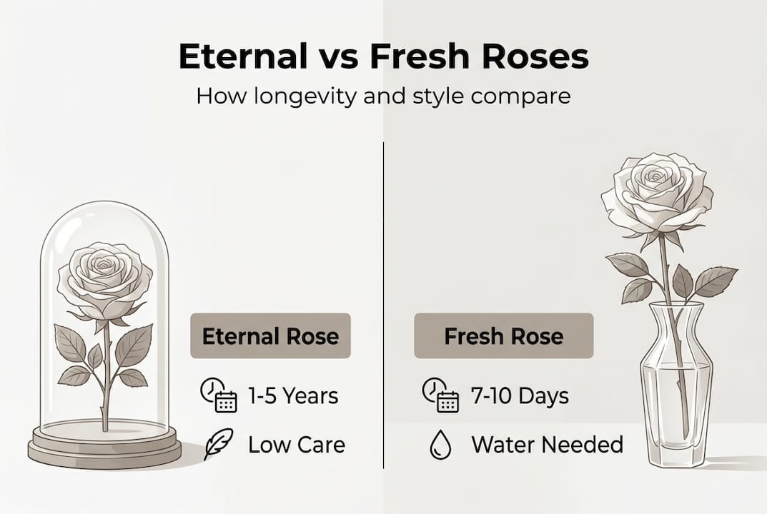 Infographic compares eternal and fresh rose features