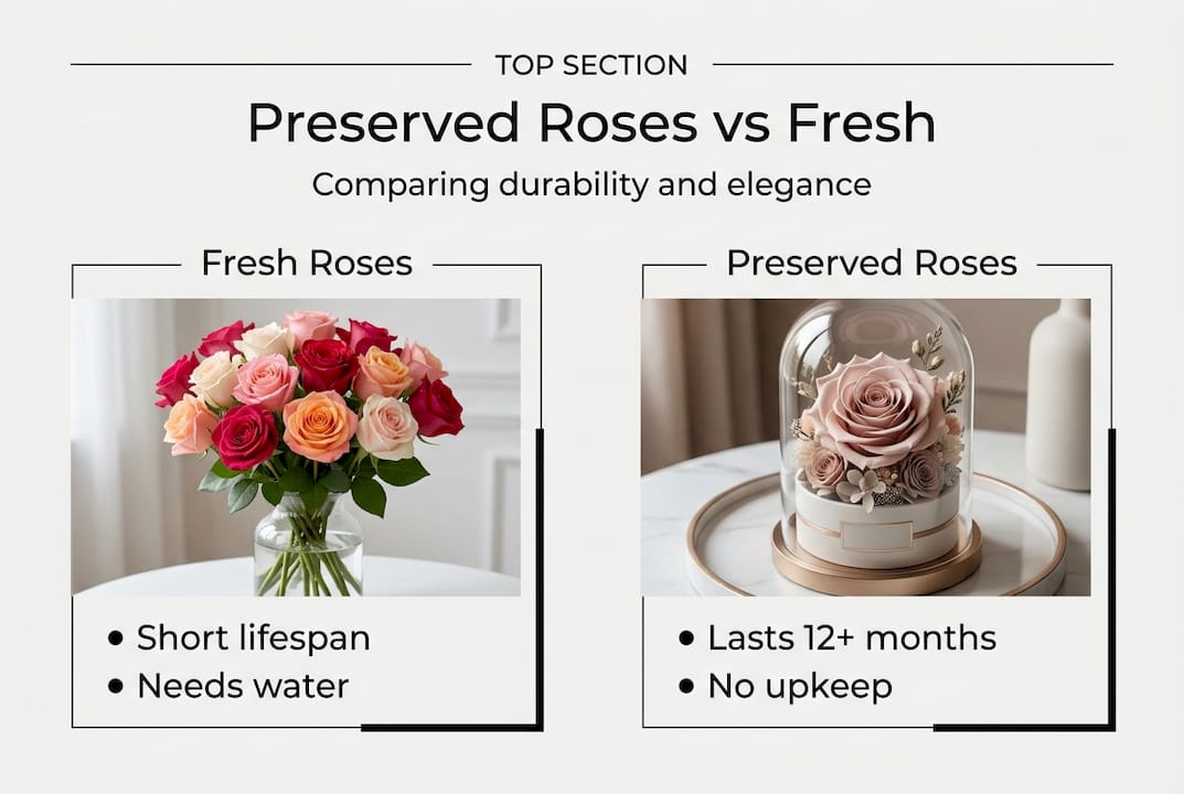 Infographic comparing preserved and fresh roses