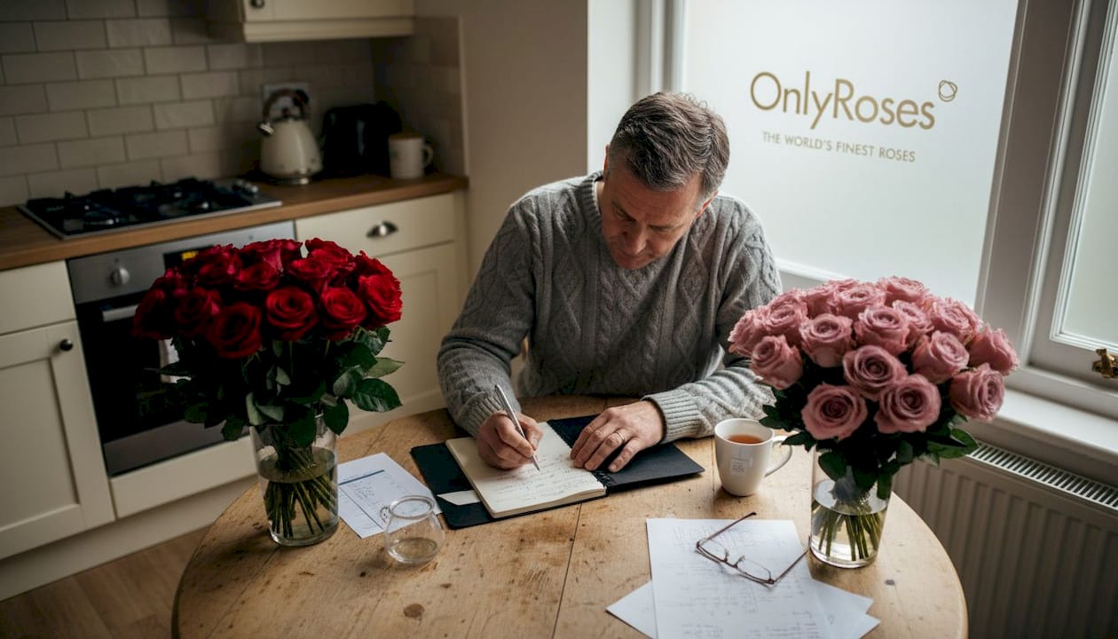 Man comparing fresh and preserved rose bouquets