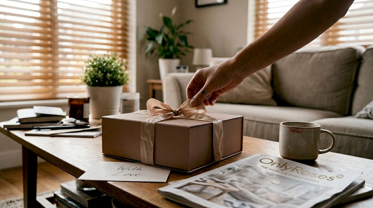 Hand tying ribbon around rose box gift