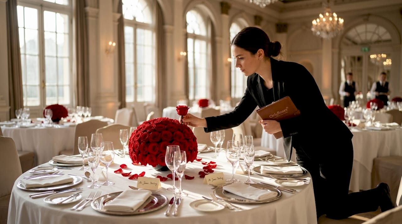 Event staff arranging infinite roses at reception