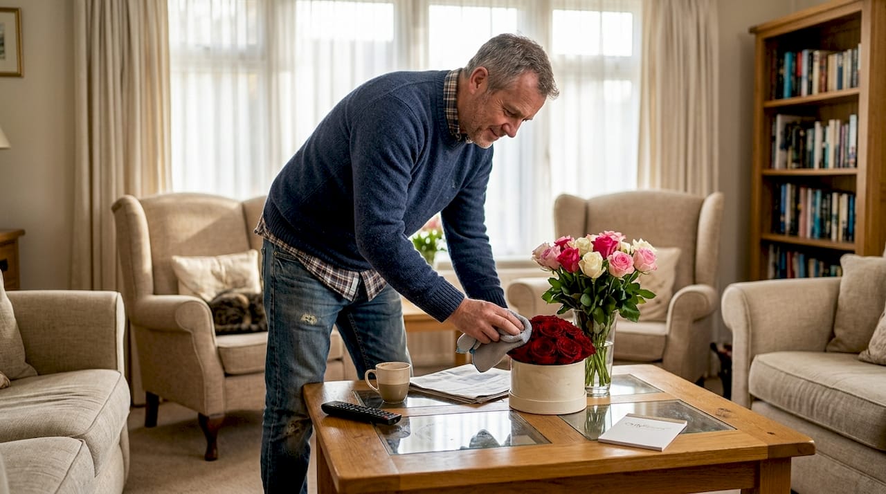 Man caring for infinite roses arrangement