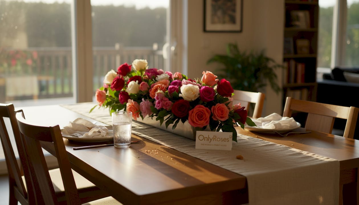 Dining table with Ecuadorian roses centerpiece
