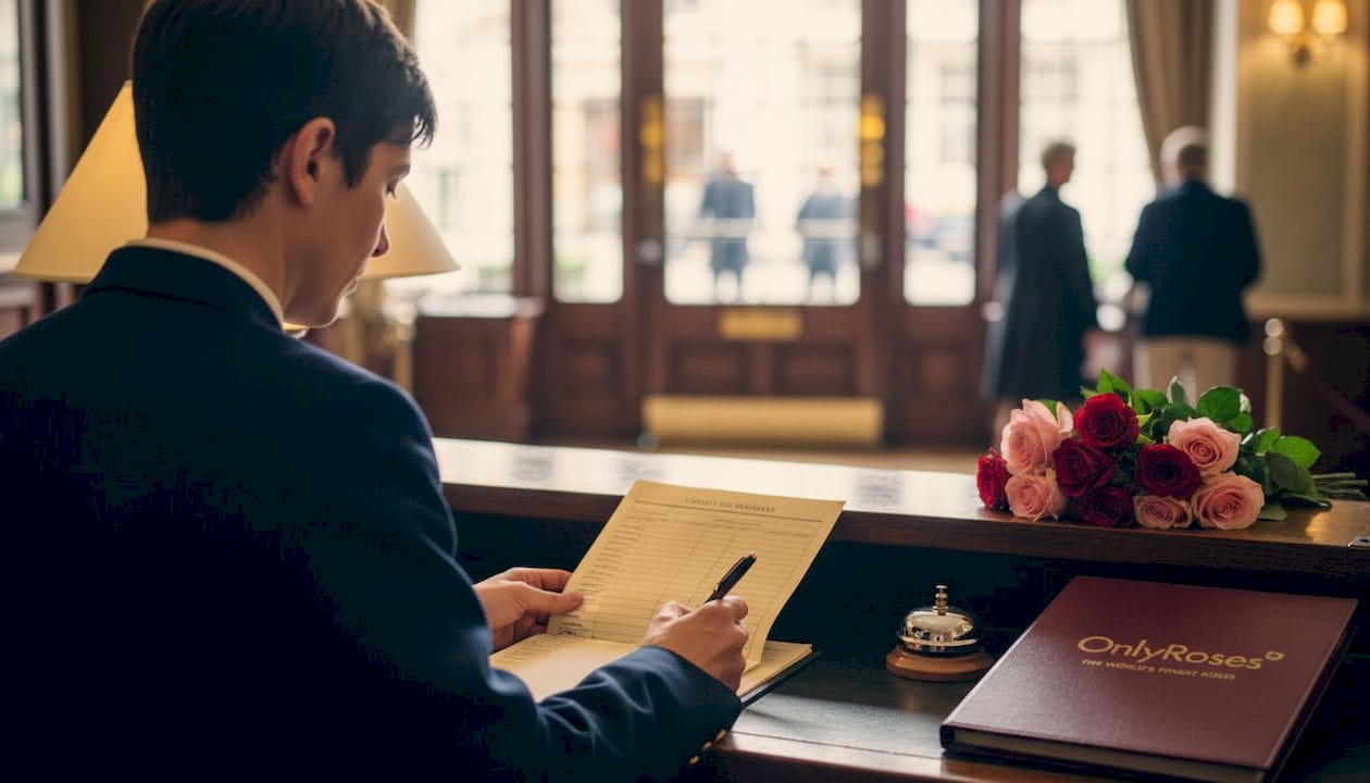 London hotel concierge handling rose delivery