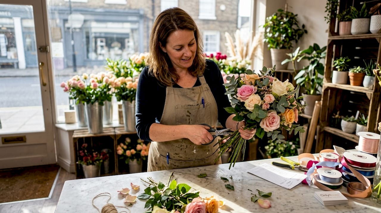 Florist layering luxury roses for bouquet