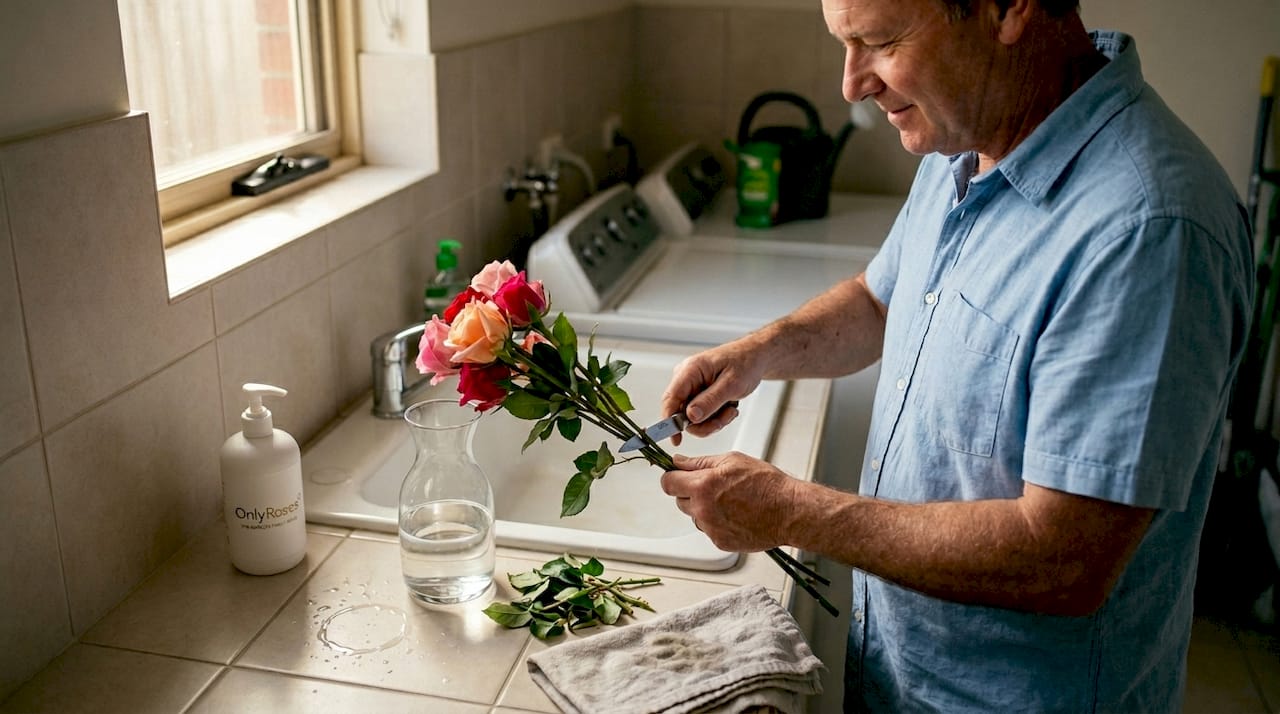 Man preparing roses at laundry room sink