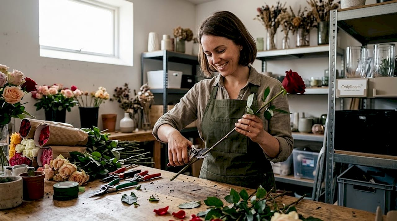 Florist preparing Ecuadorian roses at workbench