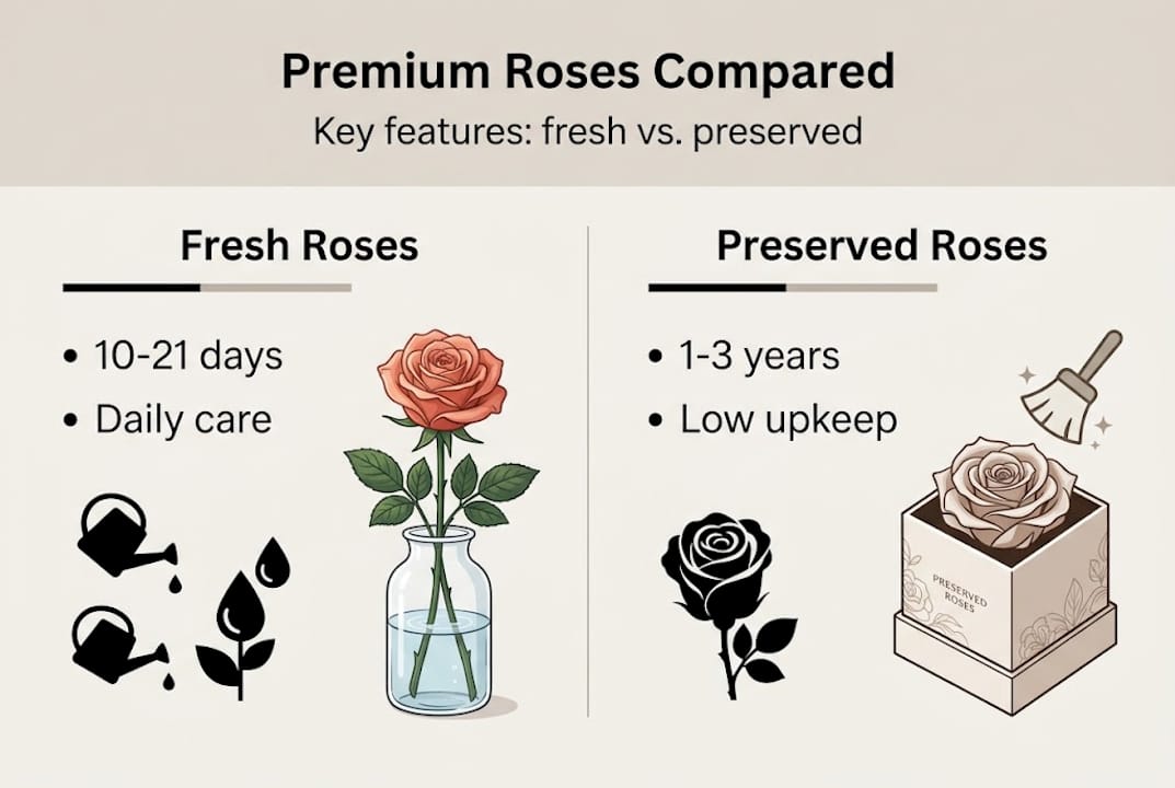 Infographic comparing fresh and preserved roses