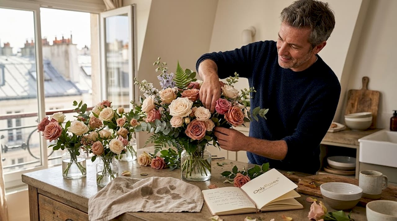 Adjusting layered rose bouquet in kitchen