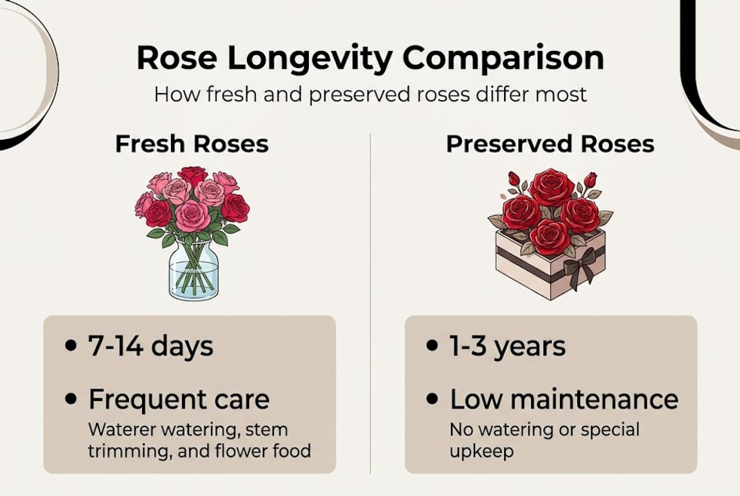 Infographic comparing fresh and preserved roses lifespan