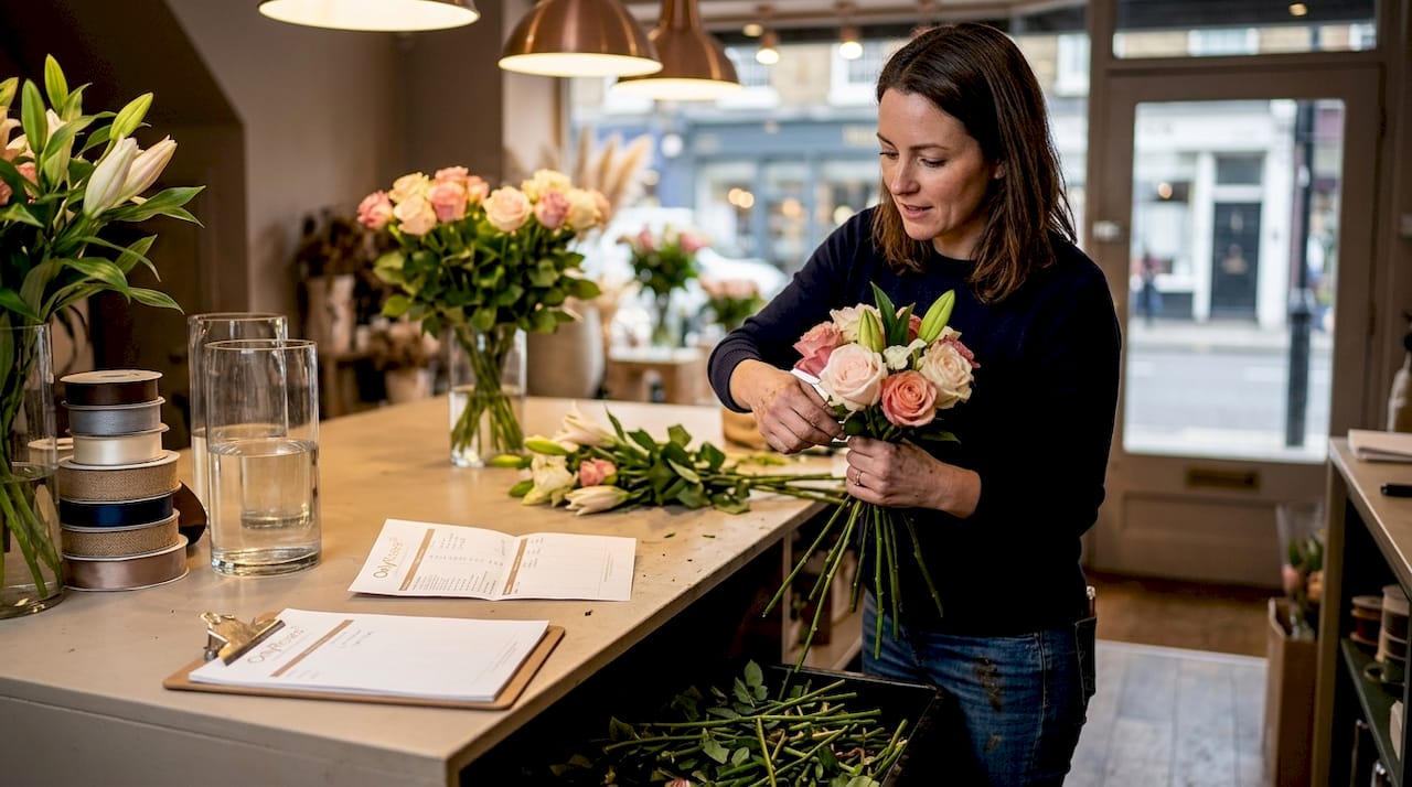 Florist using expert bouquet techniques
