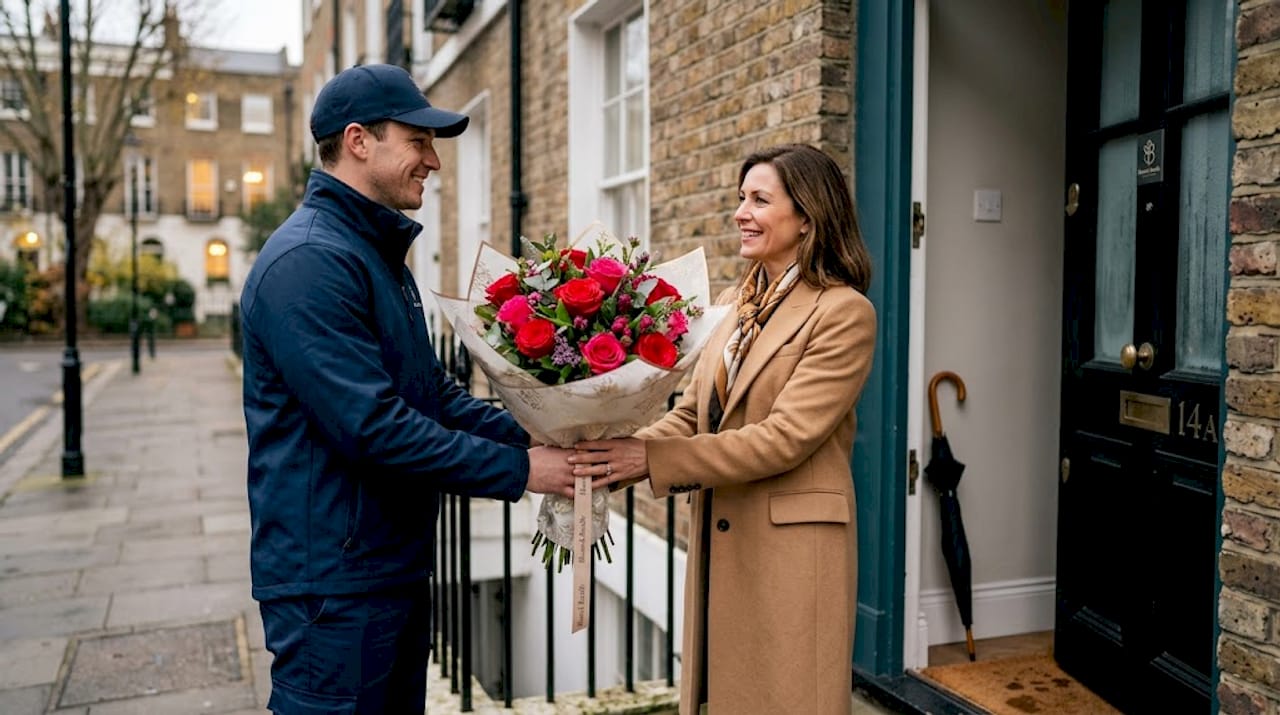 Courier delivering luxury rose bouquet in London