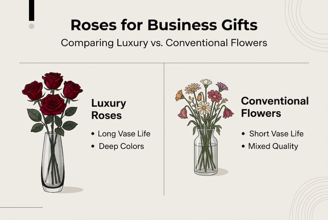Infographic comparing luxury and conventional business rose gifts