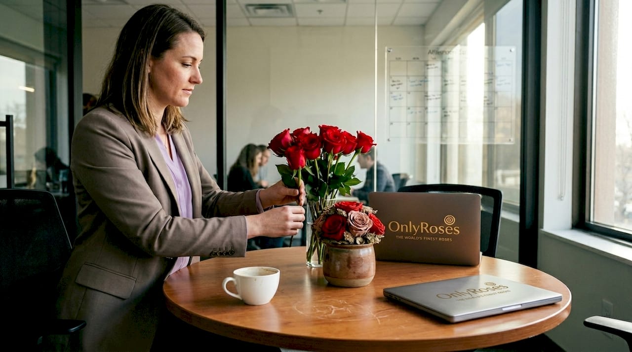 Manager places fresh and preserved roses in meeting room