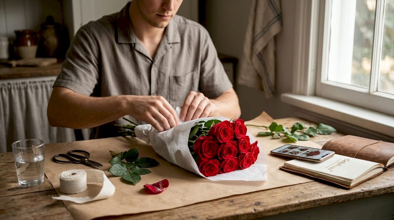 Person wrapping fresh roses for shipping