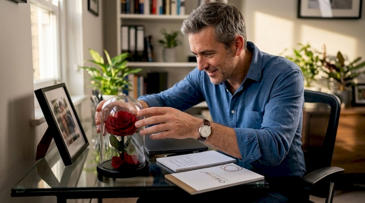 Man arranging preserved rose gift at desk