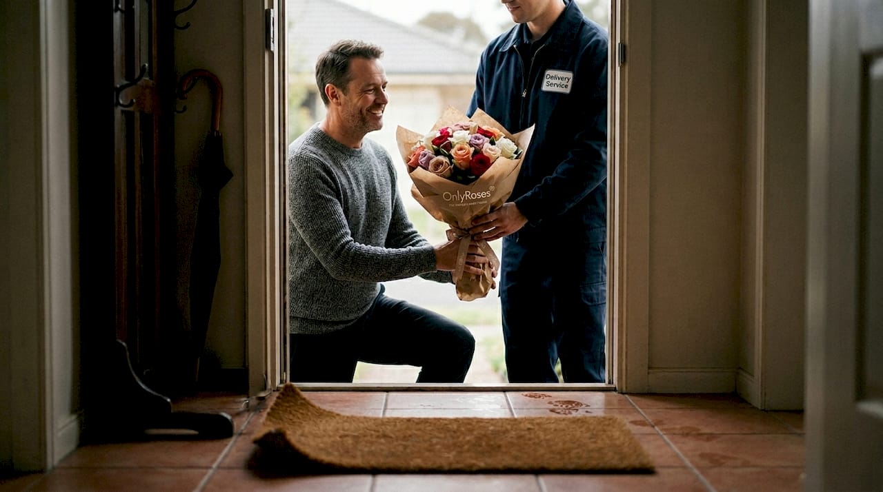 Man receives rose bouquet from delivery worker