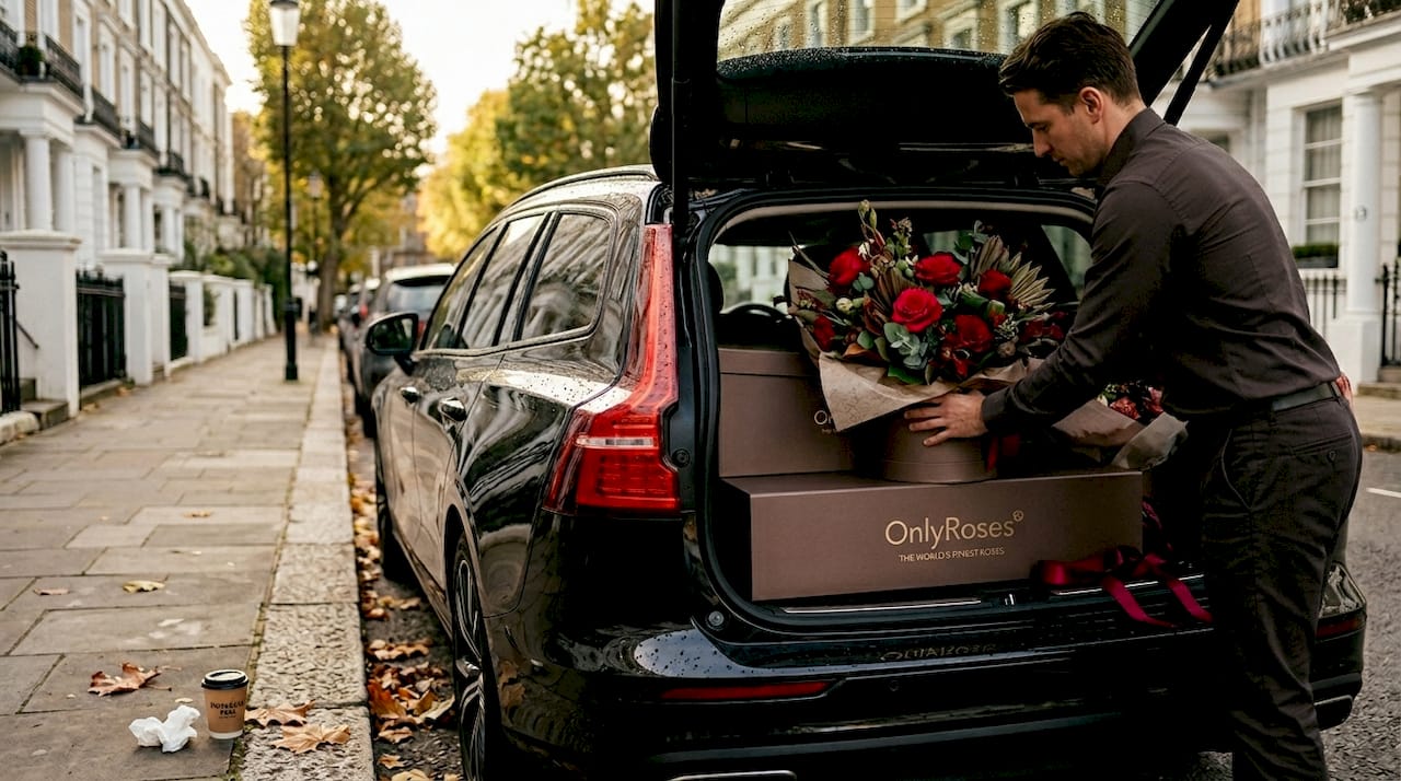 Luxury florist delivering flowers into car