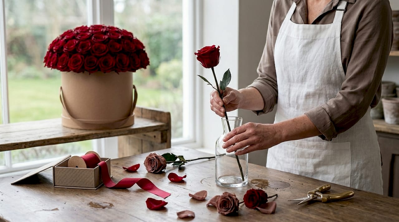 Florist arranging single rose stem in studio
