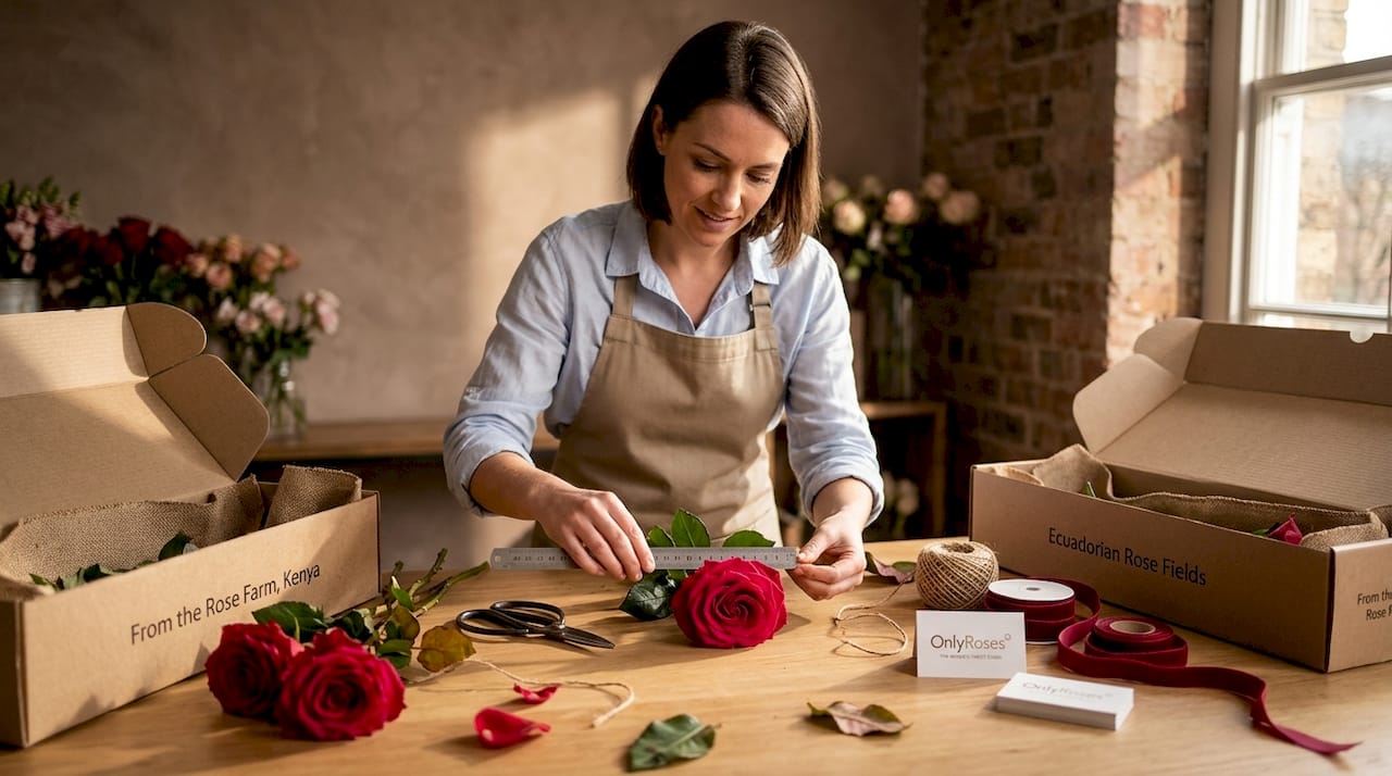Florist measuring rose for quality standards