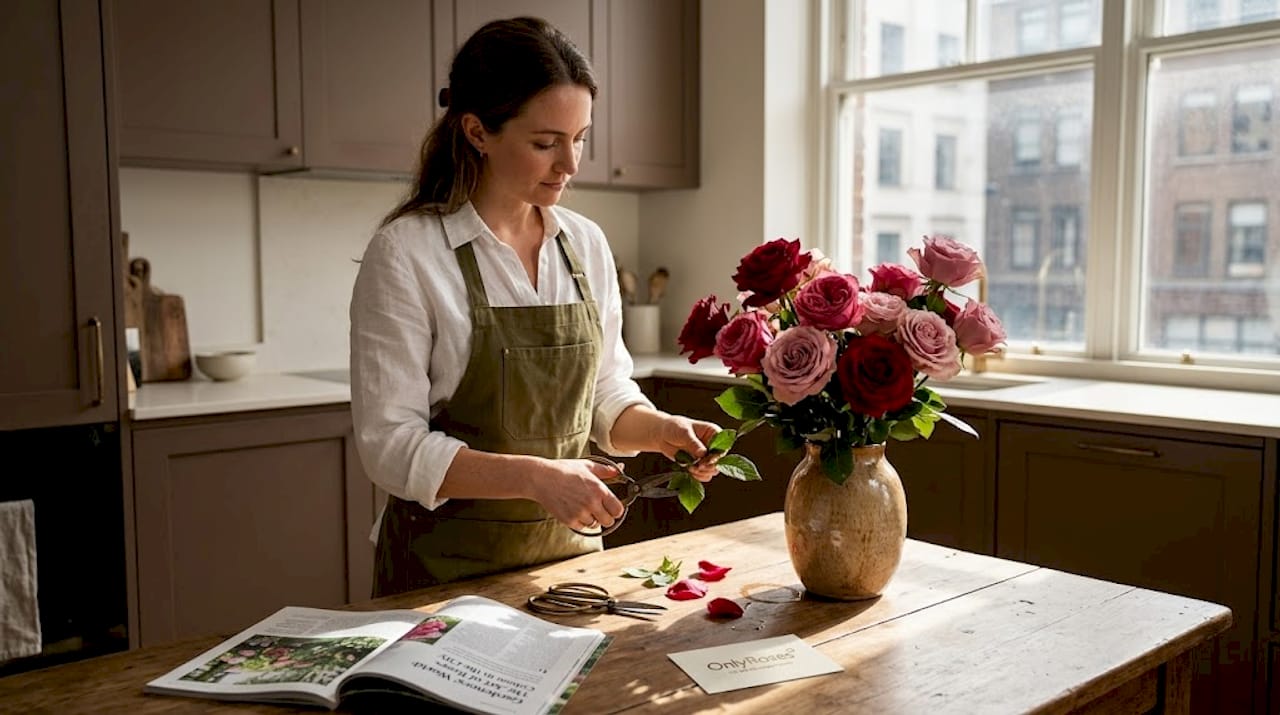 Florist preparing a rose bouquet