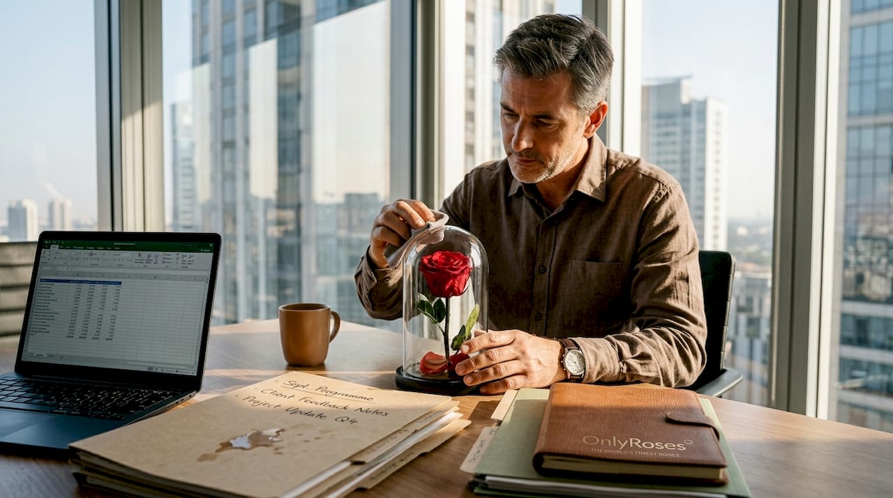 Man maintaining preserved rose in office