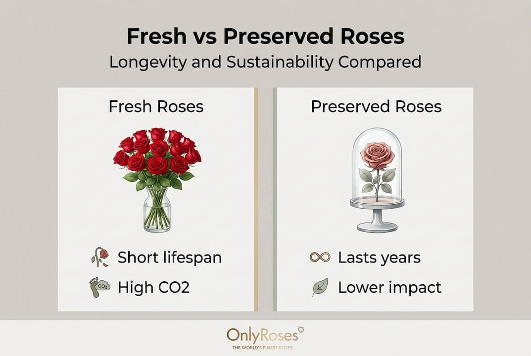 Infographic showing fresh vs preserved roses sustainability