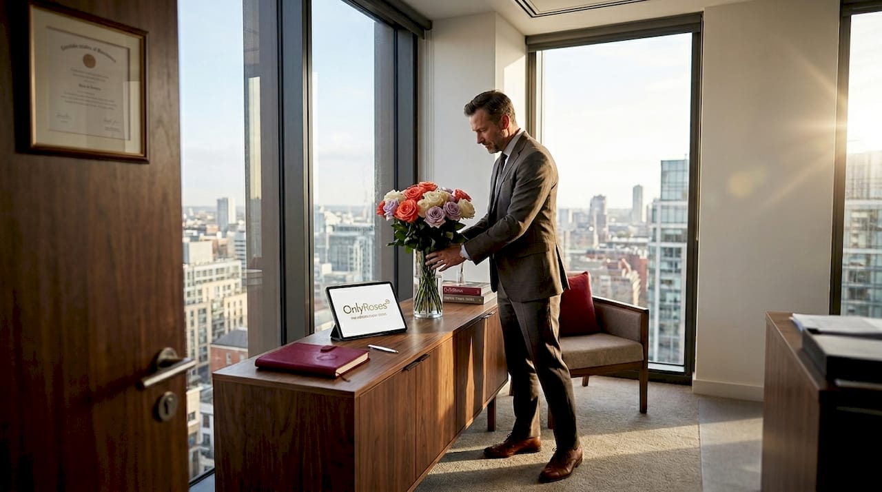 Executive arranges roses in corner office