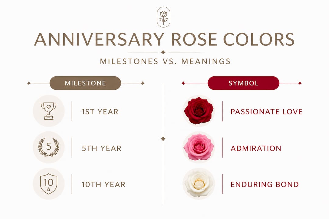 Infographic comparing rose colors and meanings for anniversaries