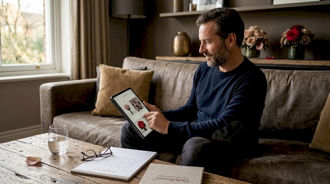 Man choosing anniversary rose gift in living room