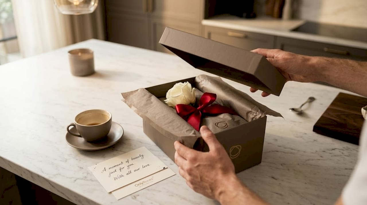 Unboxing a single rose in luxury packaging