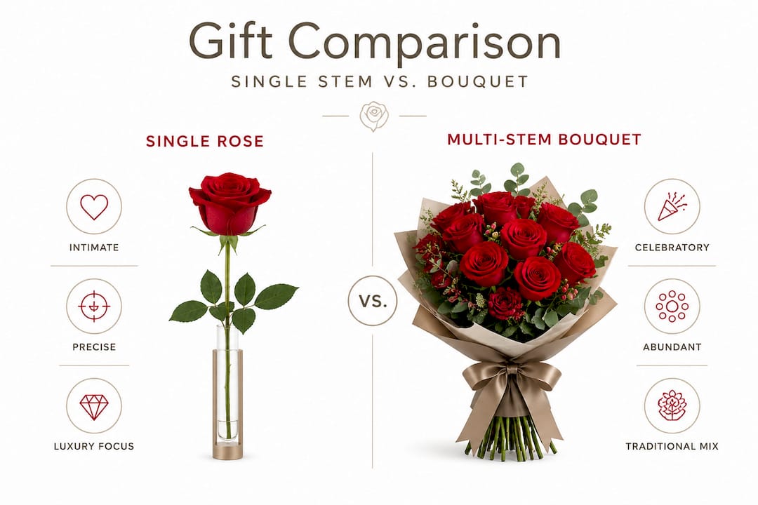 Infographic comparing single rose and bouquet gift