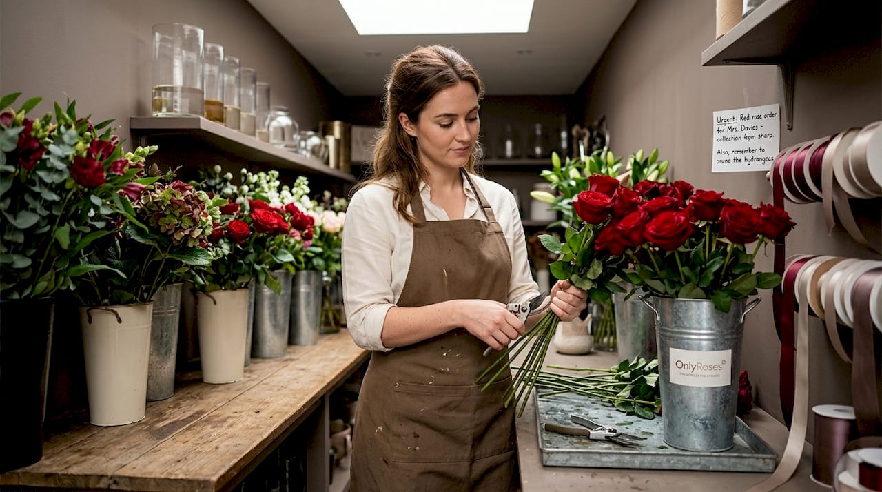 Florist trimming fresh roses for display