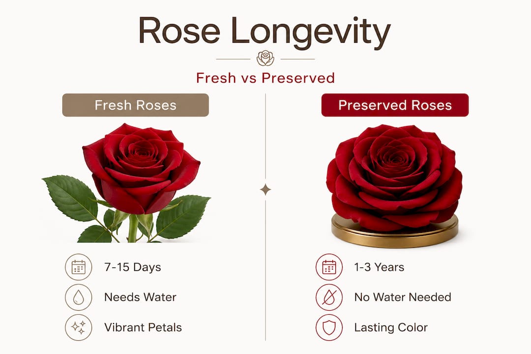 Infographic comparing fresh and preserved roses