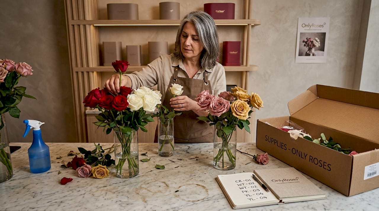 Florist sorting multicolored roses by meaning