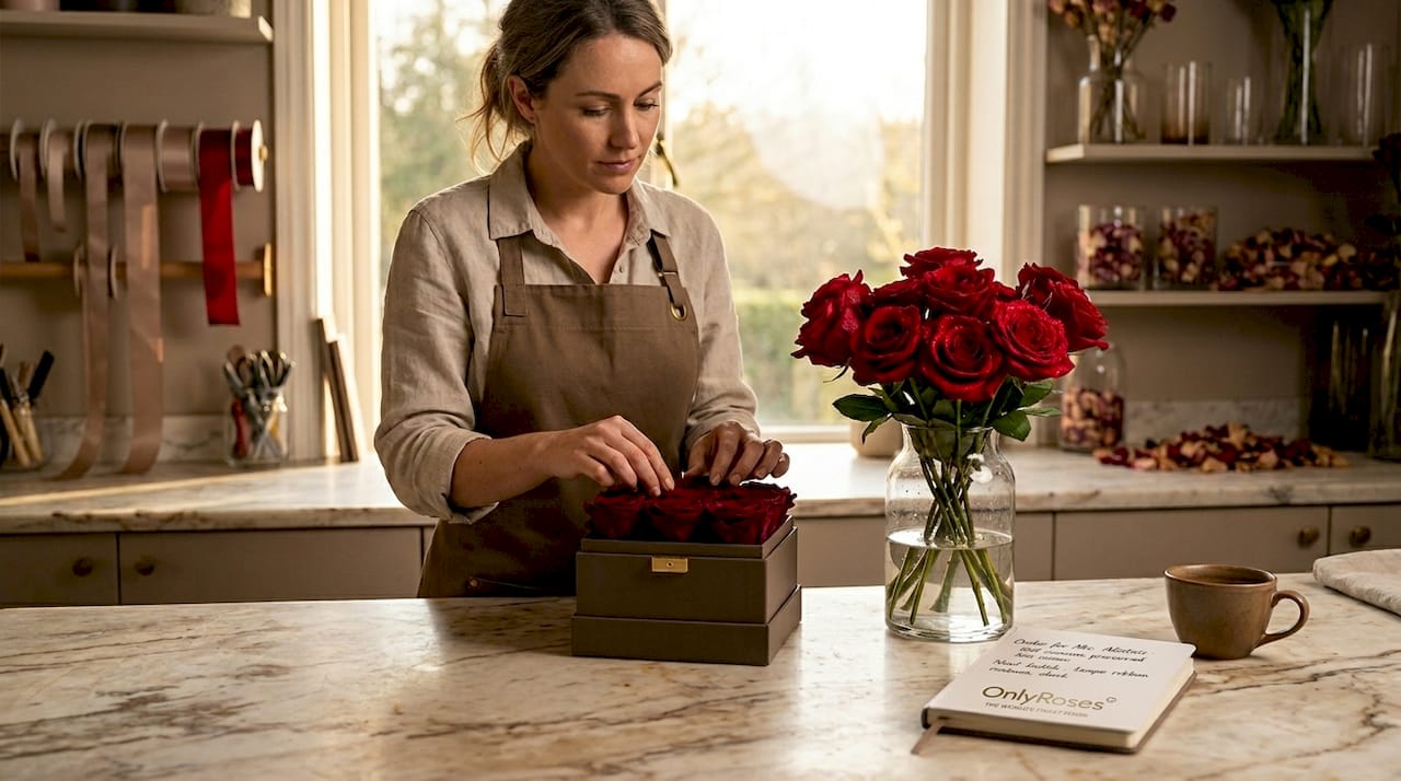Florist arranging preserved versus fresh roses