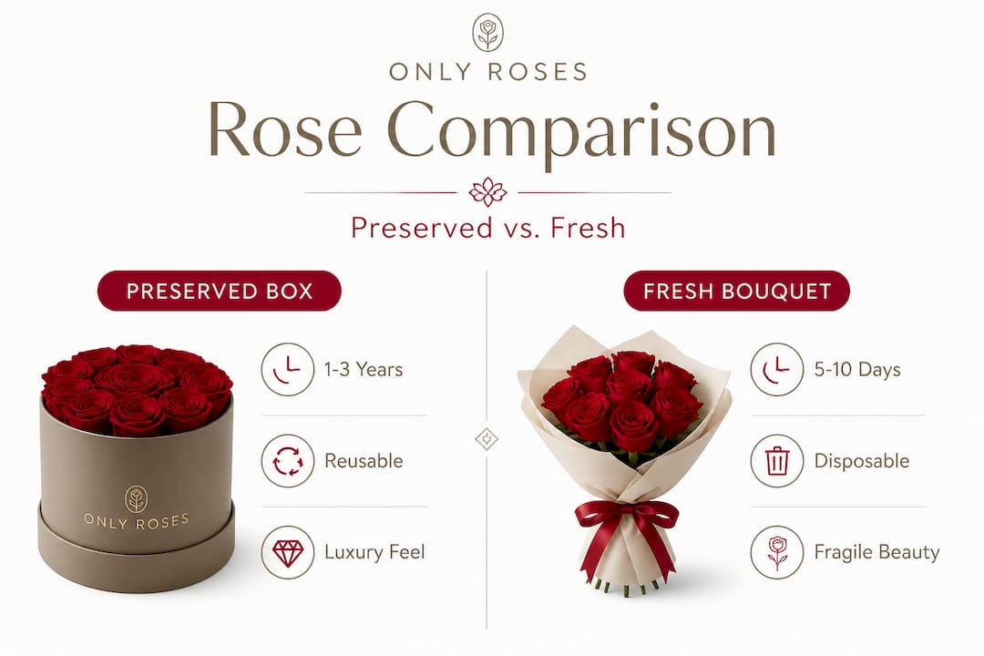 Infographic comparing preserved and fresh roses